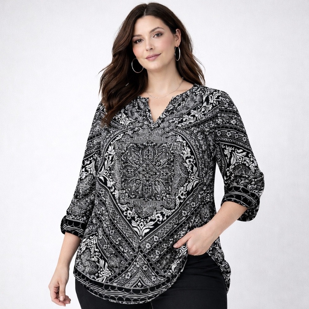NWT Roz & Ali 3X Black White Boho‎ Paisley Tunic Blouse Plus Size Flowy